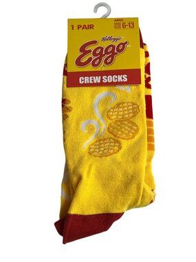 Eggo Waffle Crew Socks Yellow Red Food Graphic One Size Novelty NWT